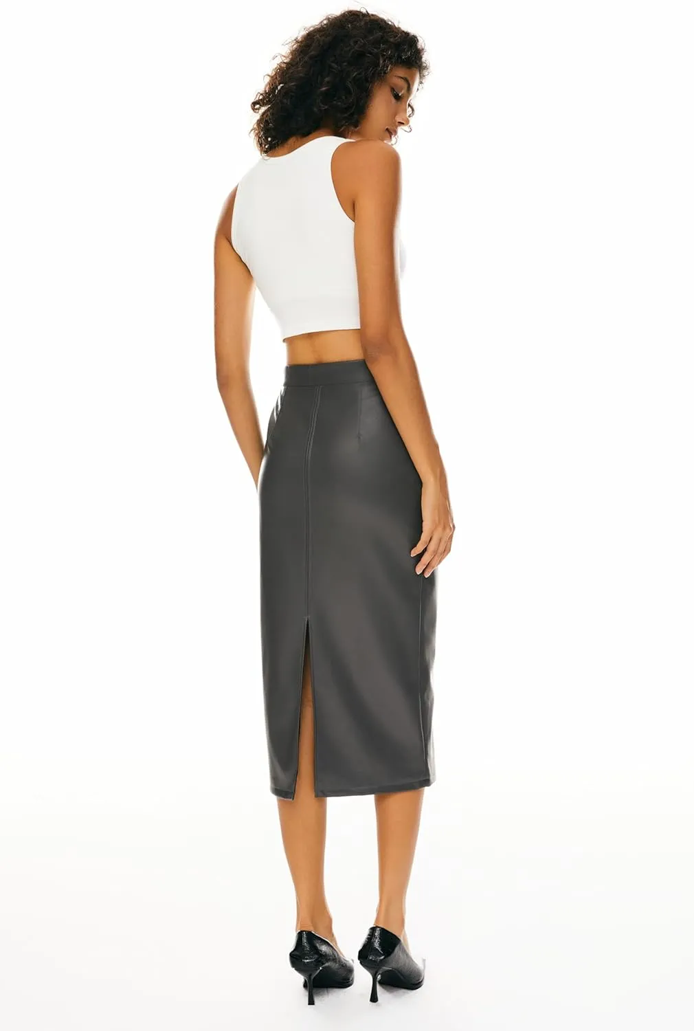 Orolay Women's High Waist Pencil Skirt Faux Leather Bodycon Split Midi Skirt for Business Casual
