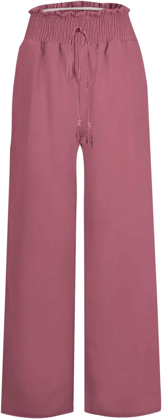 Palazzo Linen Pants for Women Summer Casual Boho Loose High Waist Wide Leg Pants Drawstring Trousers with Pockets