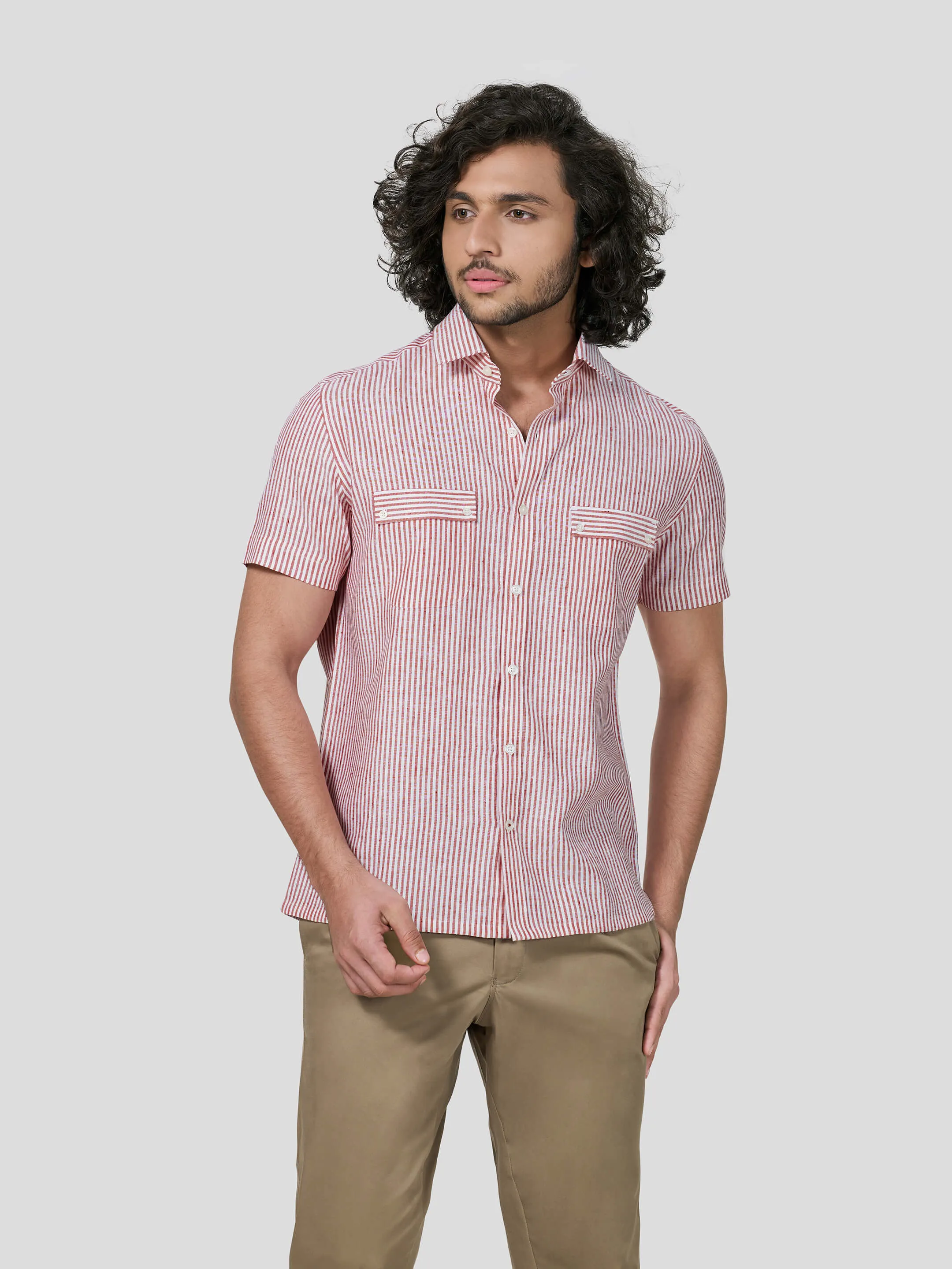 Pleasure Short Sleeve Striped Untuck Fit Shirt