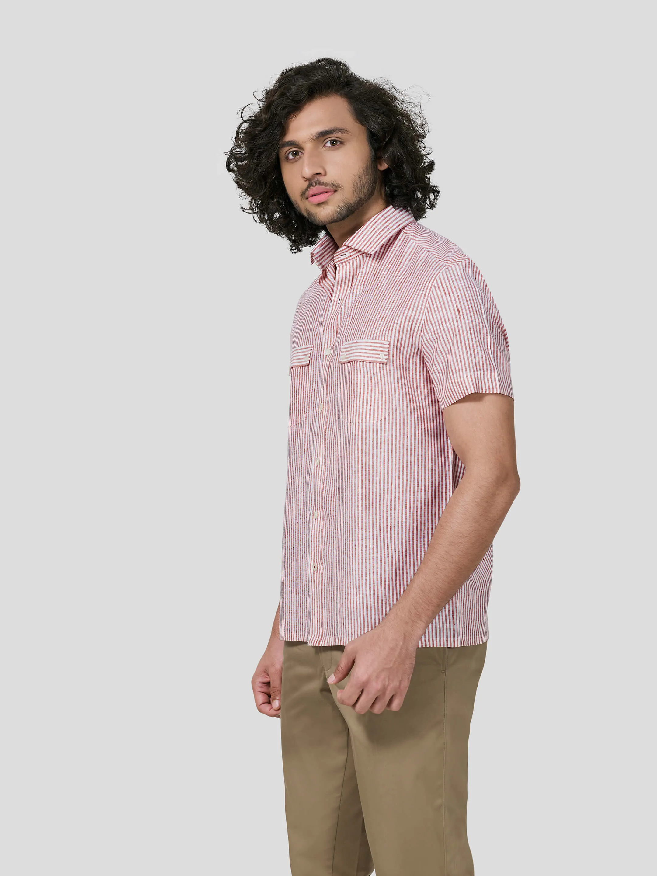 Pleasure Short Sleeve Striped Untuck Fit Shirt