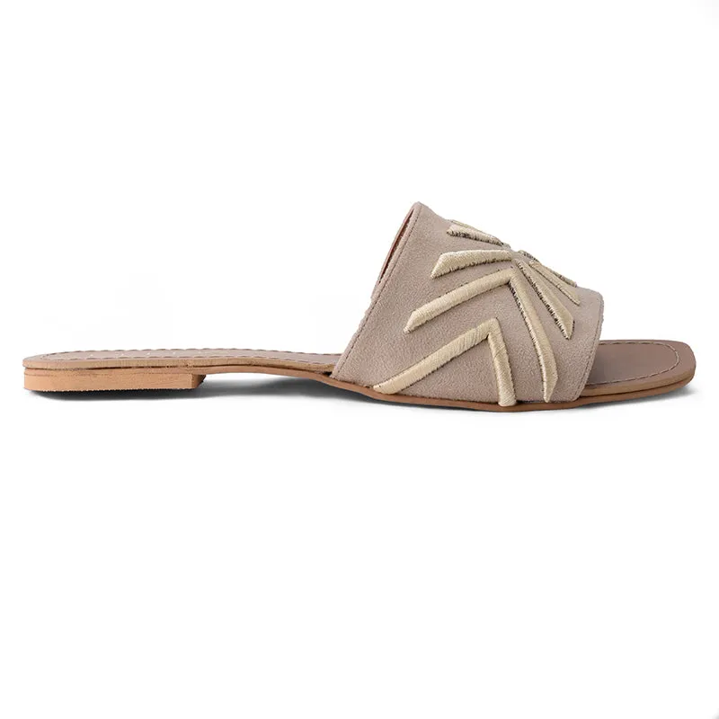 RAYA EMBROIDERED OPEN TOE FLATS- BEIGE