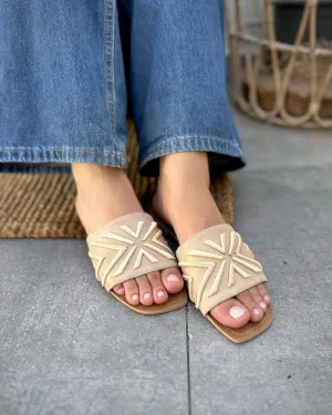 RAYA EMBROIDERED OPEN TOE FLATS- BEIGE