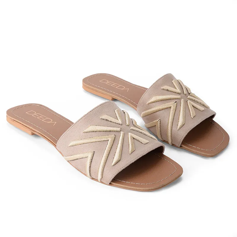 RAYA EMBROIDERED OPEN TOE FLATS- BEIGE