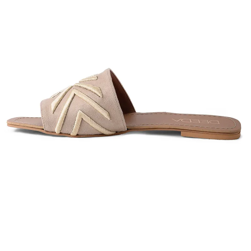 RAYA EMBROIDERED OPEN TOE FLATS- BEIGE