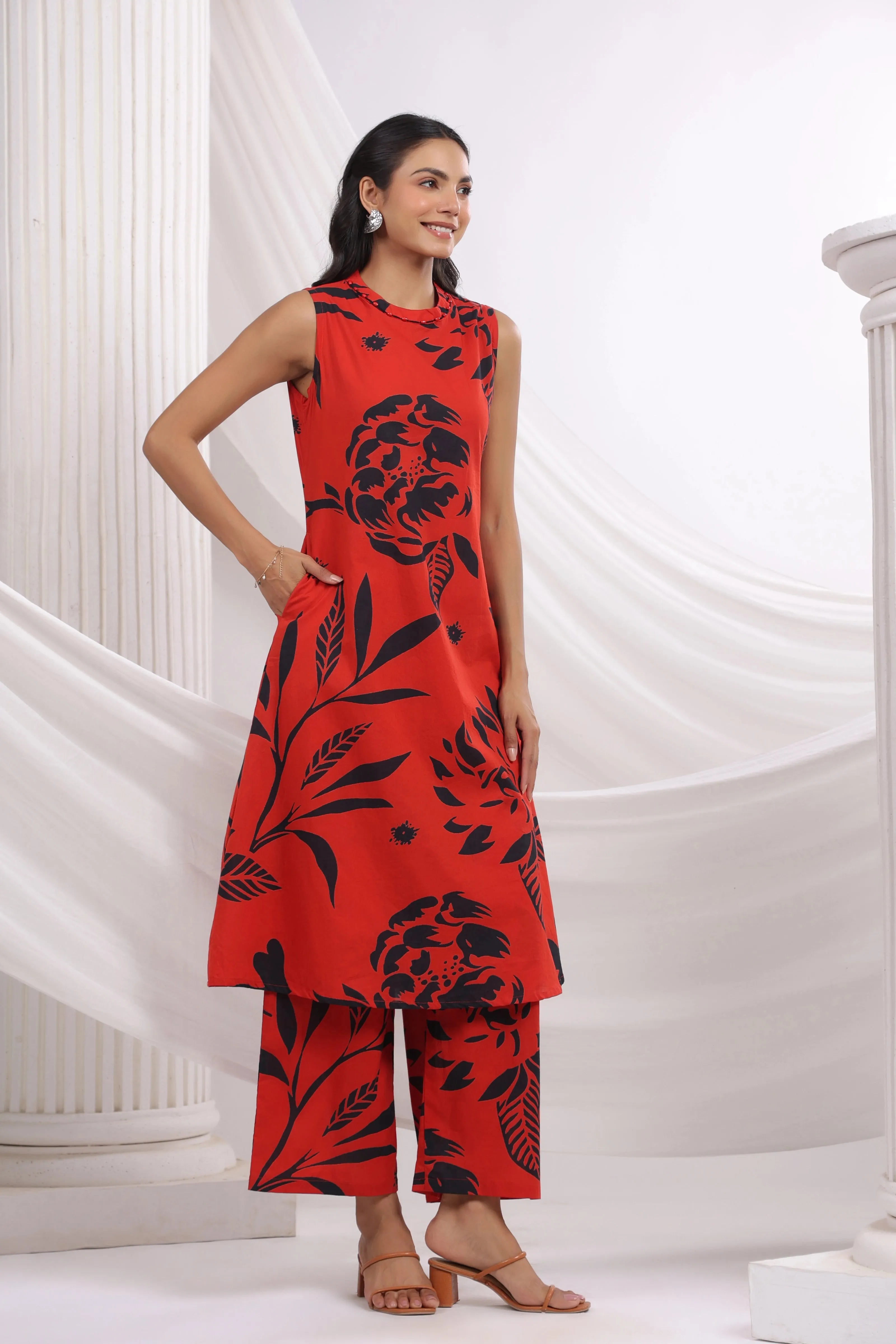 Red & Black Bold Floral Beaded Ethnic Kurta Pant Set