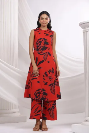 Red & Black Bold Floral Beaded Ethnic Kurta Pant Set