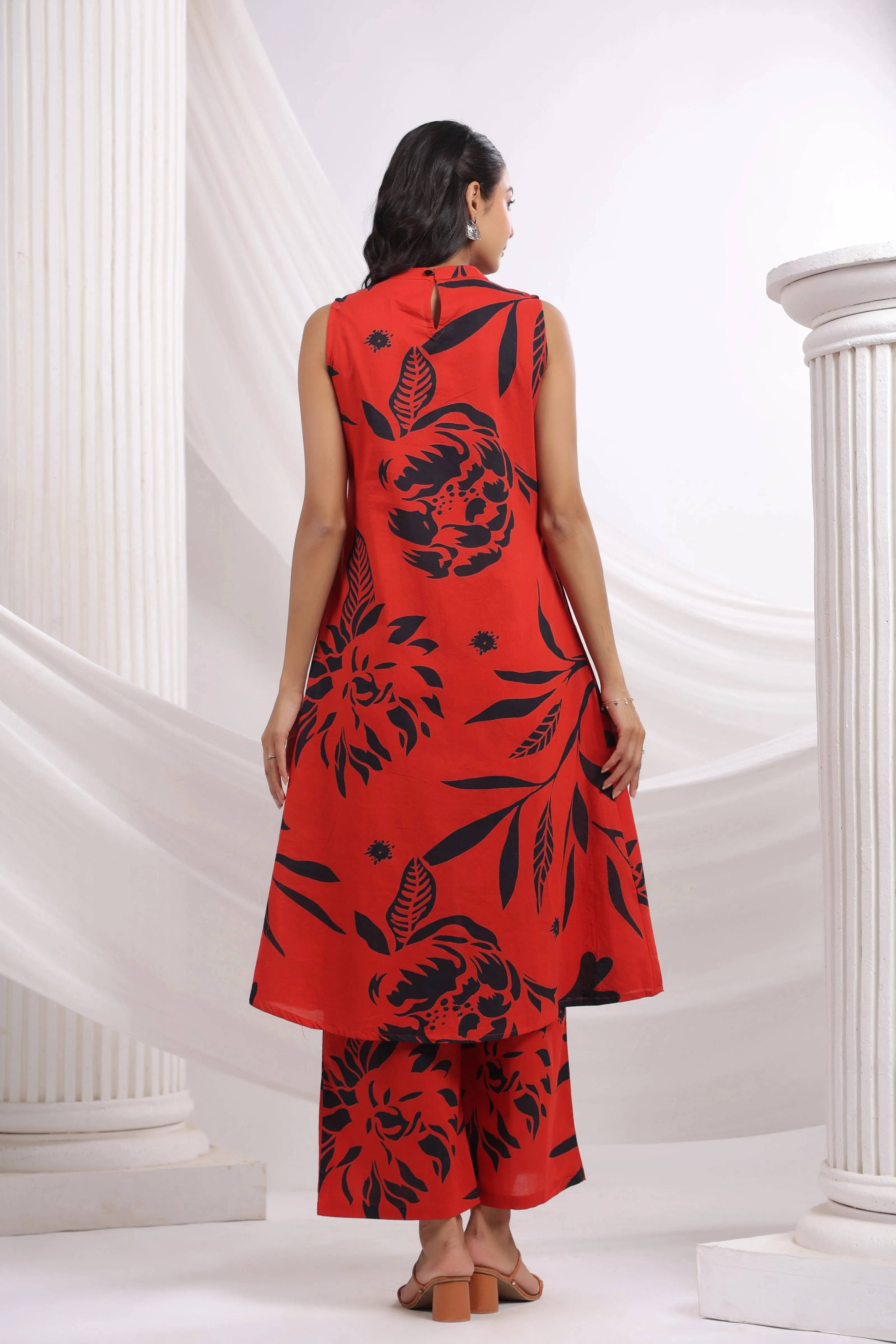 Red & Black Bold Floral Beaded Ethnic Kurta Pant Set