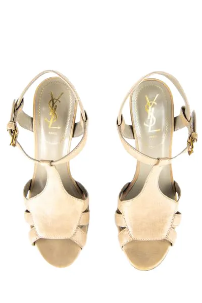 Saint Laurent Beige Leather and Stingray Platform Sandals Size US 8 | EU 38