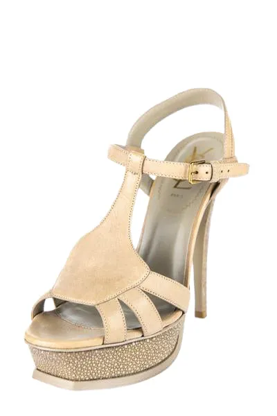 Saint Laurent Beige Leather and Stingray Platform Sandals Size US 8 | EU 38