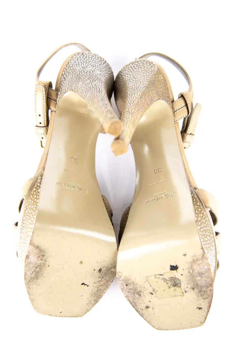 Saint Laurent Beige Leather and Stingray Platform Sandals Size US 8 | EU 38