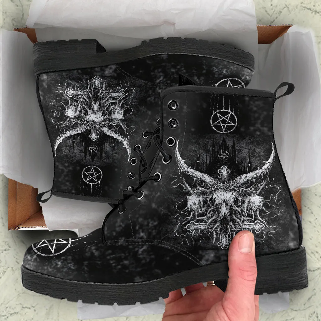 Skull Satanic Cross Crowned Satanic Goat Satanic Pentagram Leather Boots 2