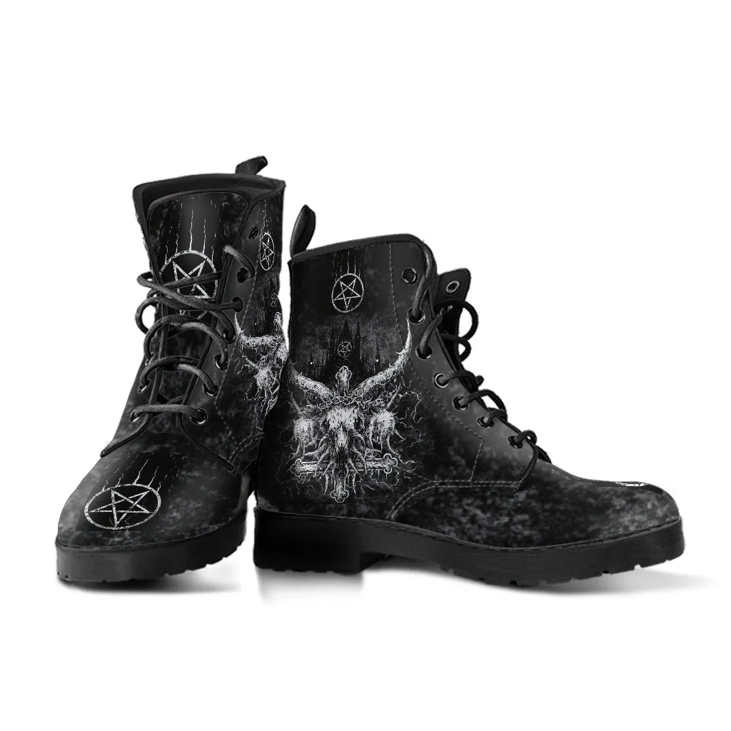 Skull Satanic Cross Crowned Satanic Goat Satanic Pentagram Leather Boots 2