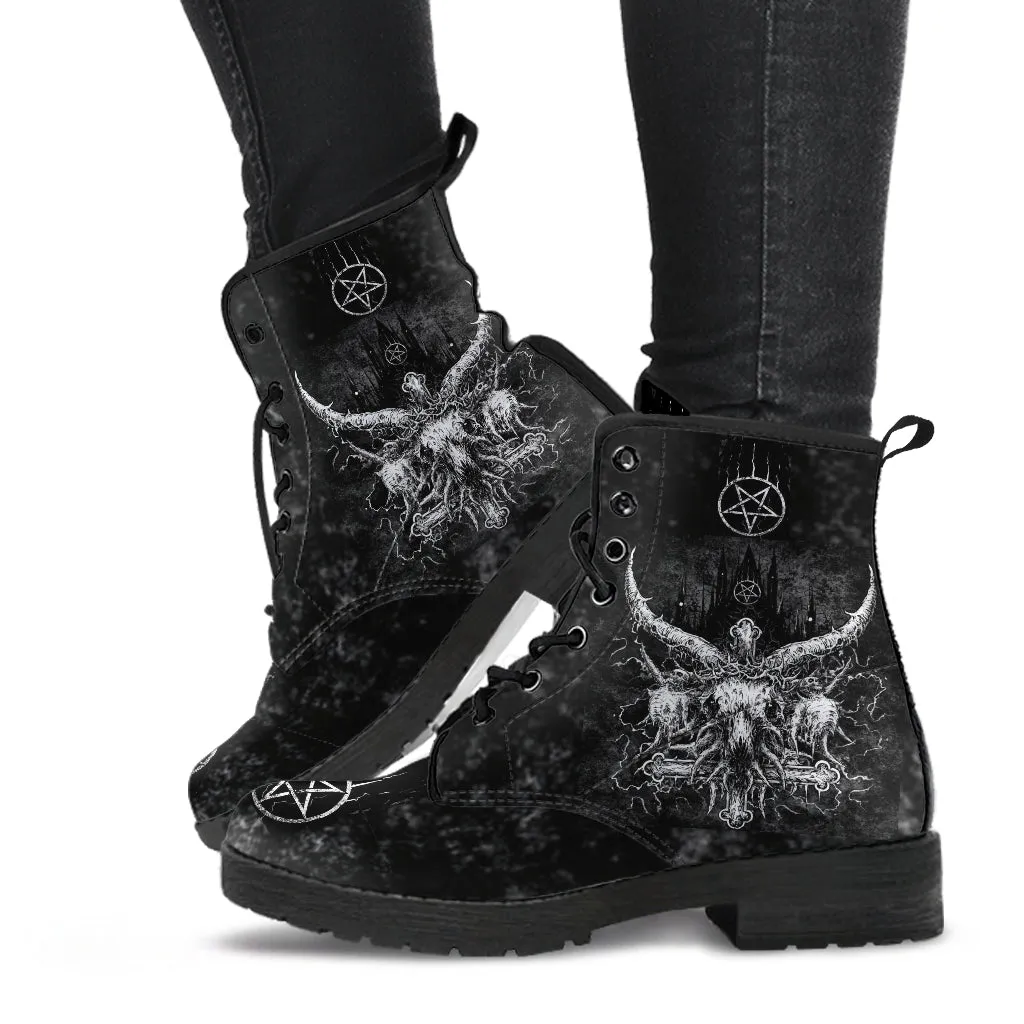 Skull Satanic Cross Crowned Satanic Goat Satanic Pentagram Leather Boots 2