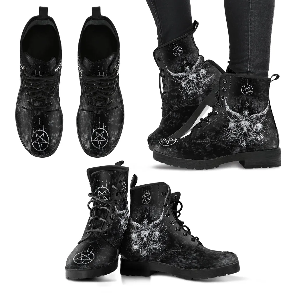 Skull Satanic Cross Crowned Satanic Goat Satanic Pentagram Leather Boots 2