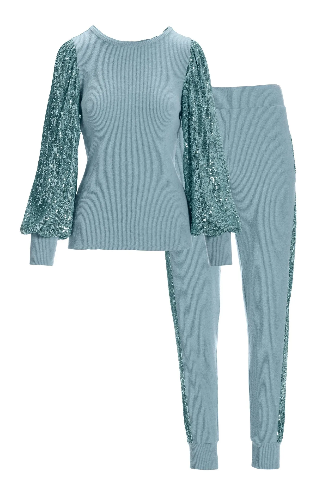 So Soft Sequin Balloon-Sleeve Knit Lounge Set Cool Blue