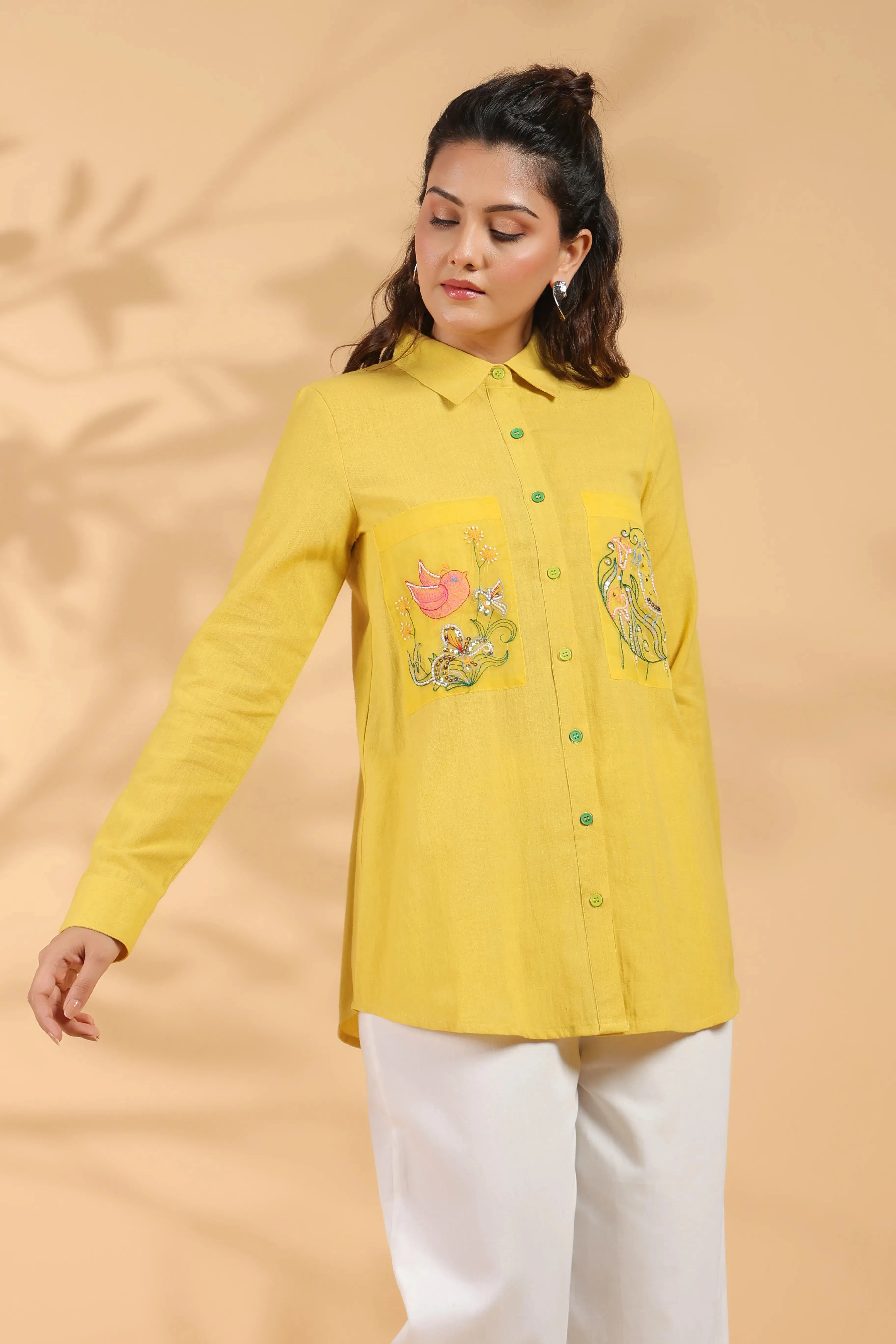 Sunflower Yellow Cotton Flex Shirt with Embroidered
