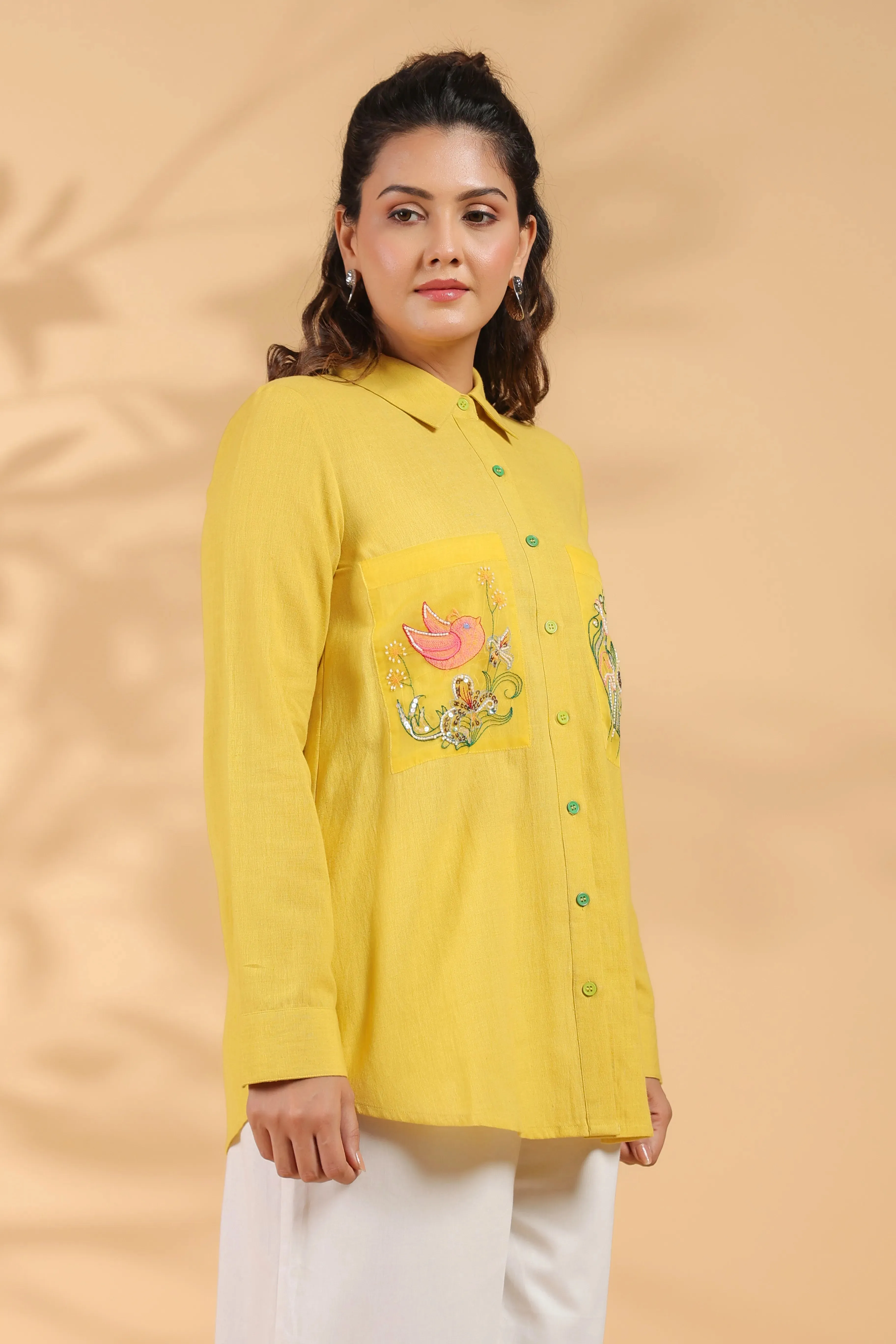 Sunflower Yellow Cotton Flex Shirt with Embroidered
