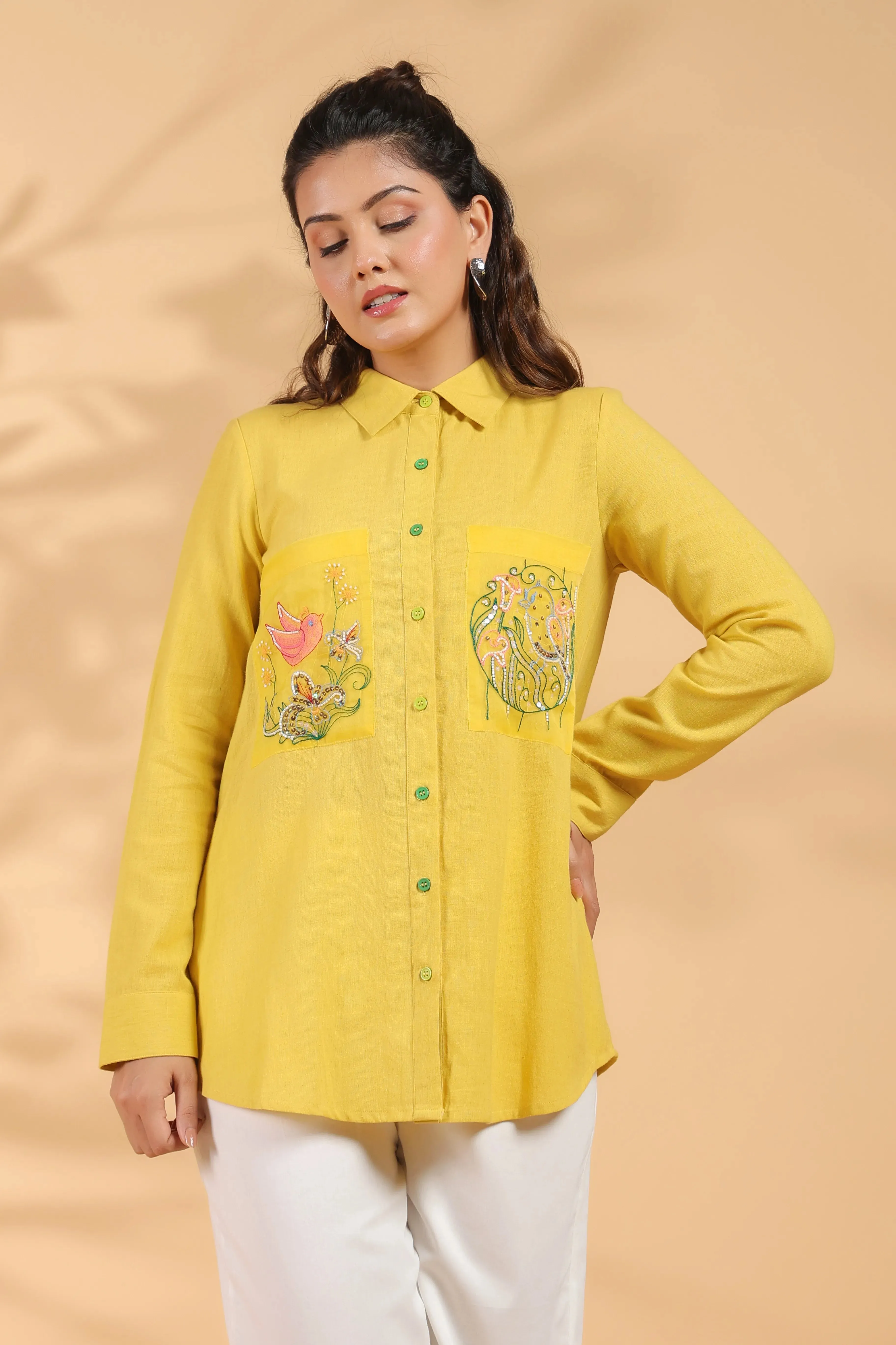 Sunflower Yellow Cotton Flex Shirt with Embroidered