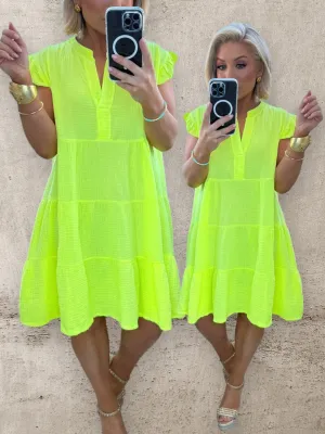 SUNSET BURST COTTON DRESS - FLUO YELLOW