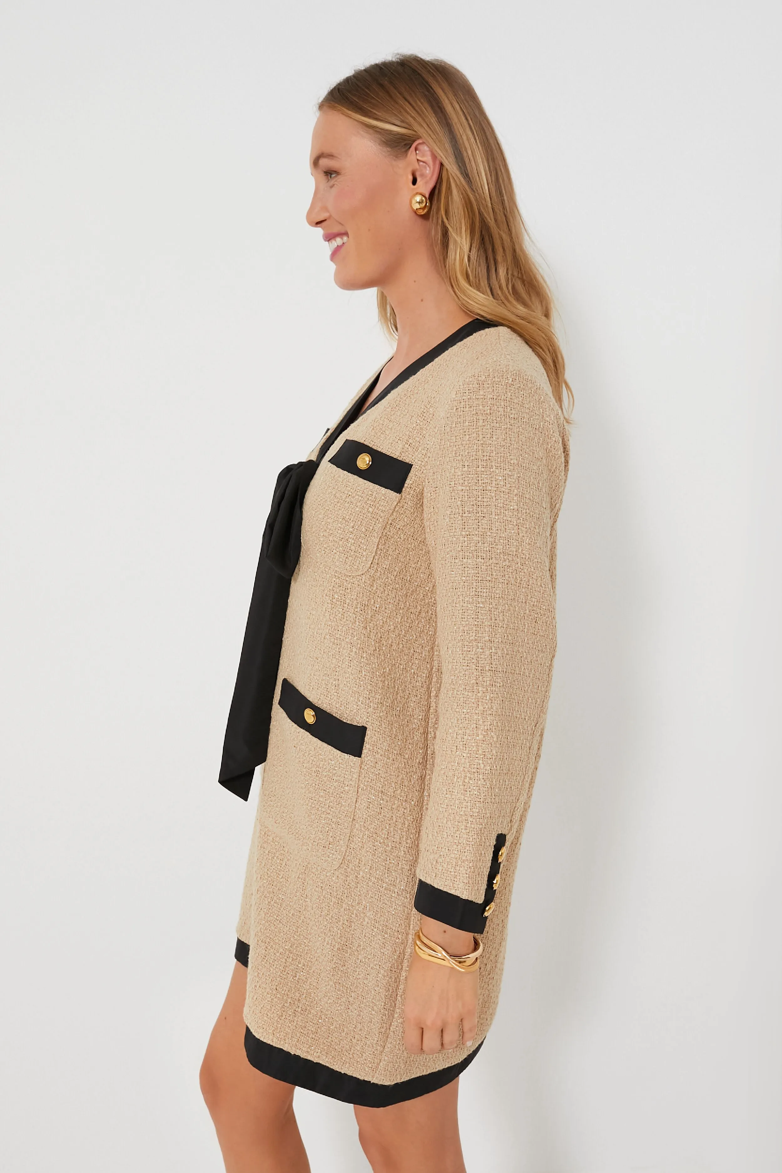 Tan Coco Tweed Bow Dress