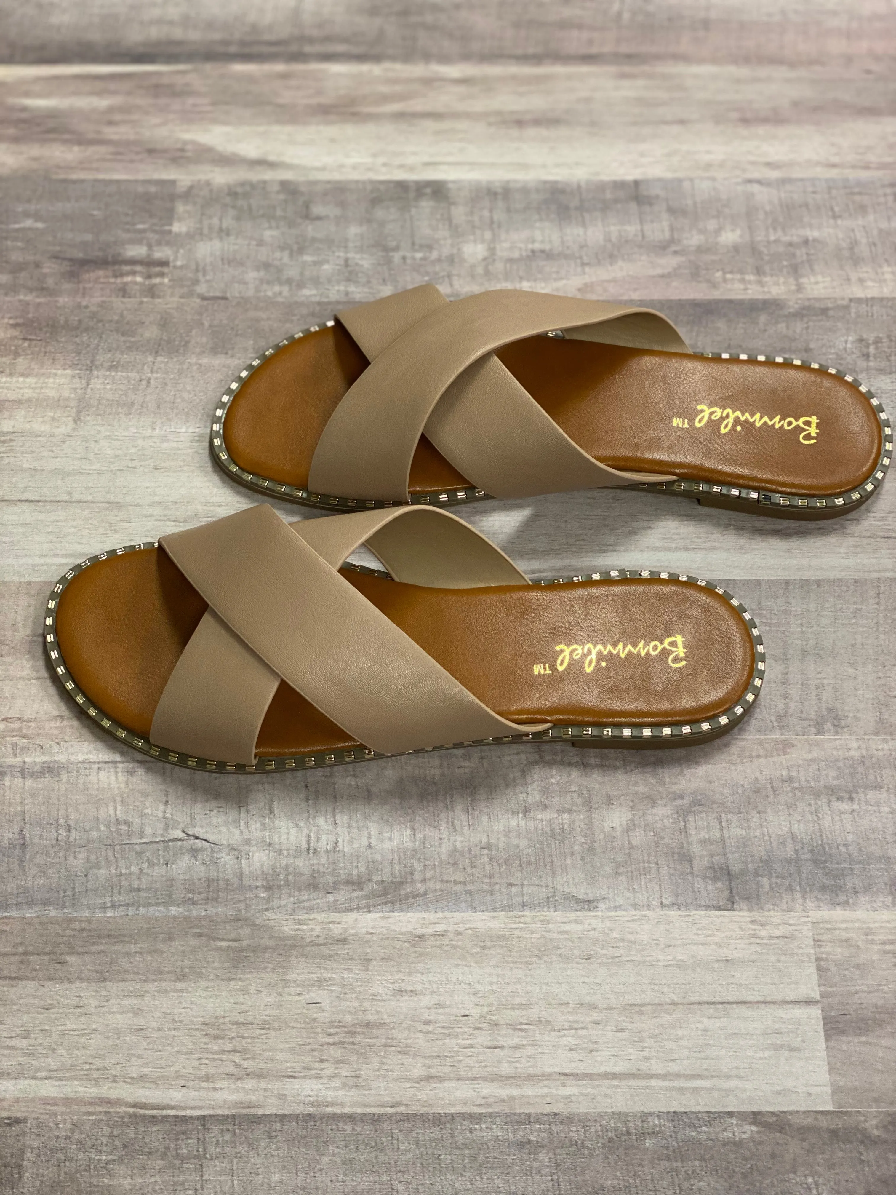 Tan Gold Studded Criss-Cross Sandal