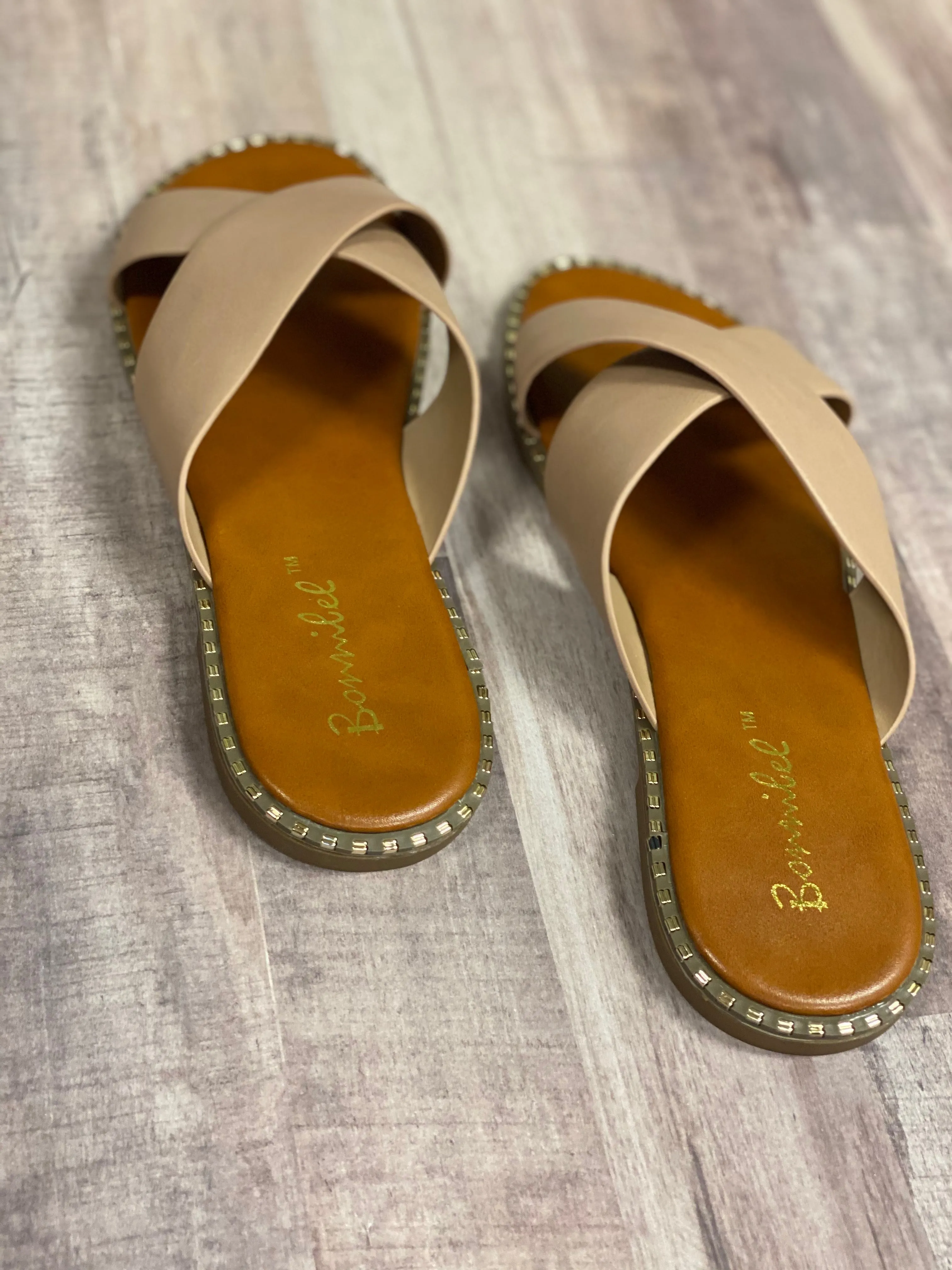 Tan Gold Studded Criss-Cross Sandal