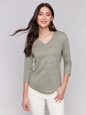 V-Neck Knit Top 3/4 Sleeve in Celadon