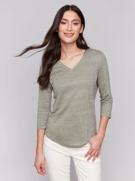 V-Neck Knit Top 3/4 Sleeve in Celadon