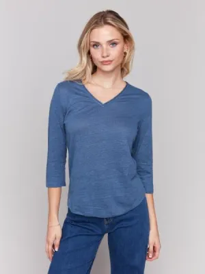 V-Neck Knit Top 3/4 Sleeve in Denim
