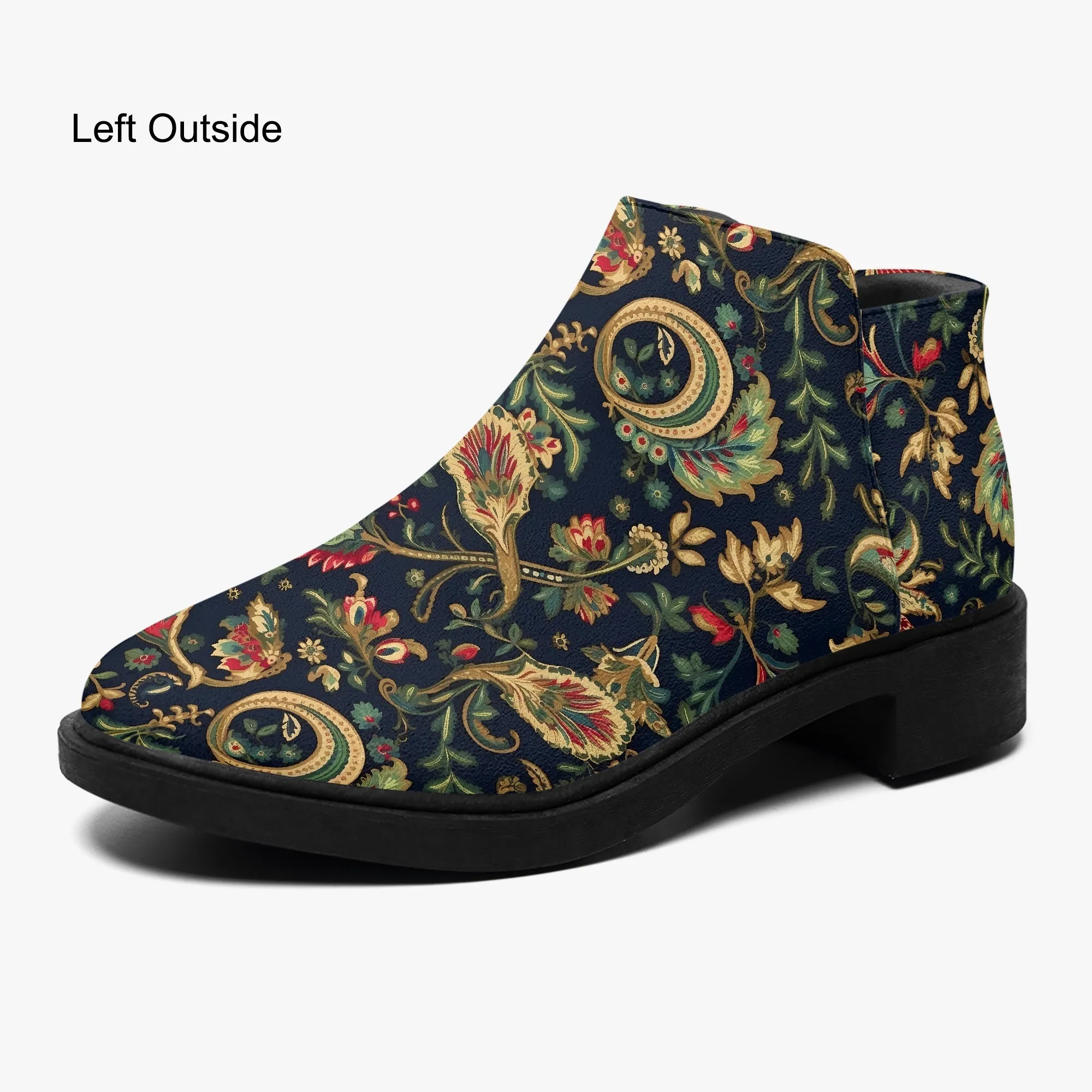 Vegan Ankle Zip Up Boots with Floral Pattern