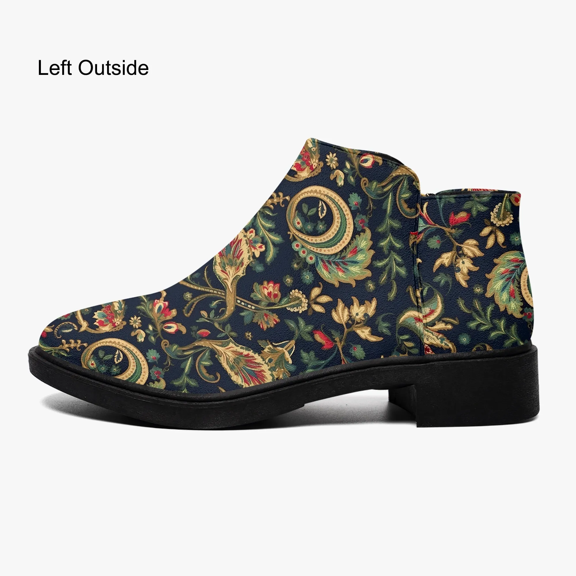 Vegan Ankle Zip Up Boots with Floral Pattern