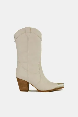 Vegan Leather Metal Toe Cowgirl Boots in Ivory