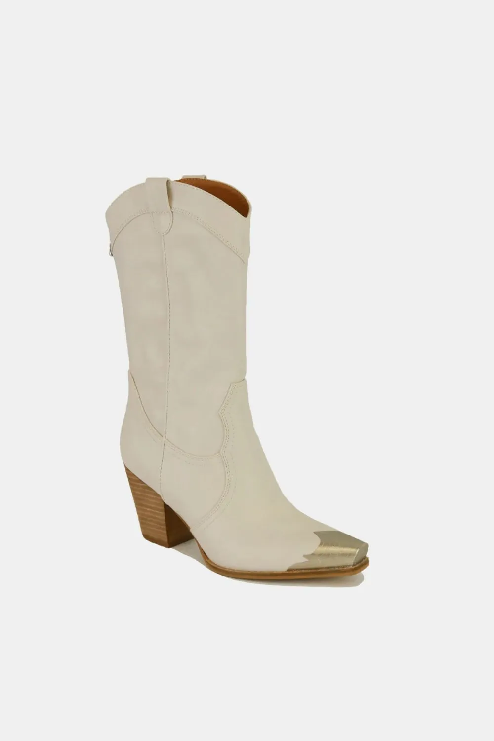 Vegan Leather Metal Toe Cowgirl Boots in Ivory