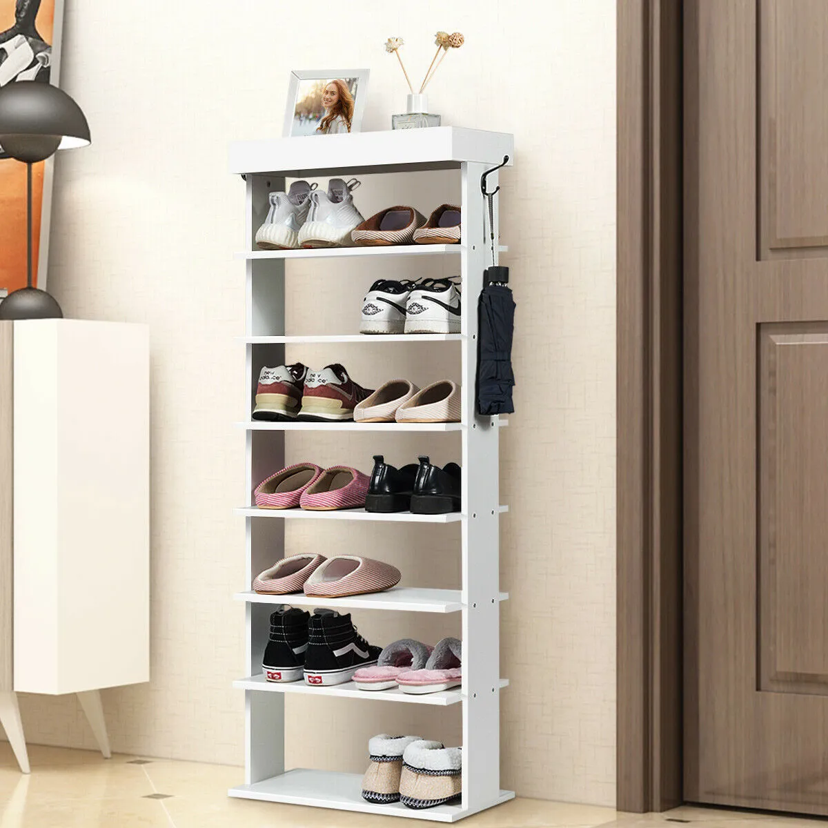 Vertical Designed 7-Tier Shoe Rack with Hooks-White