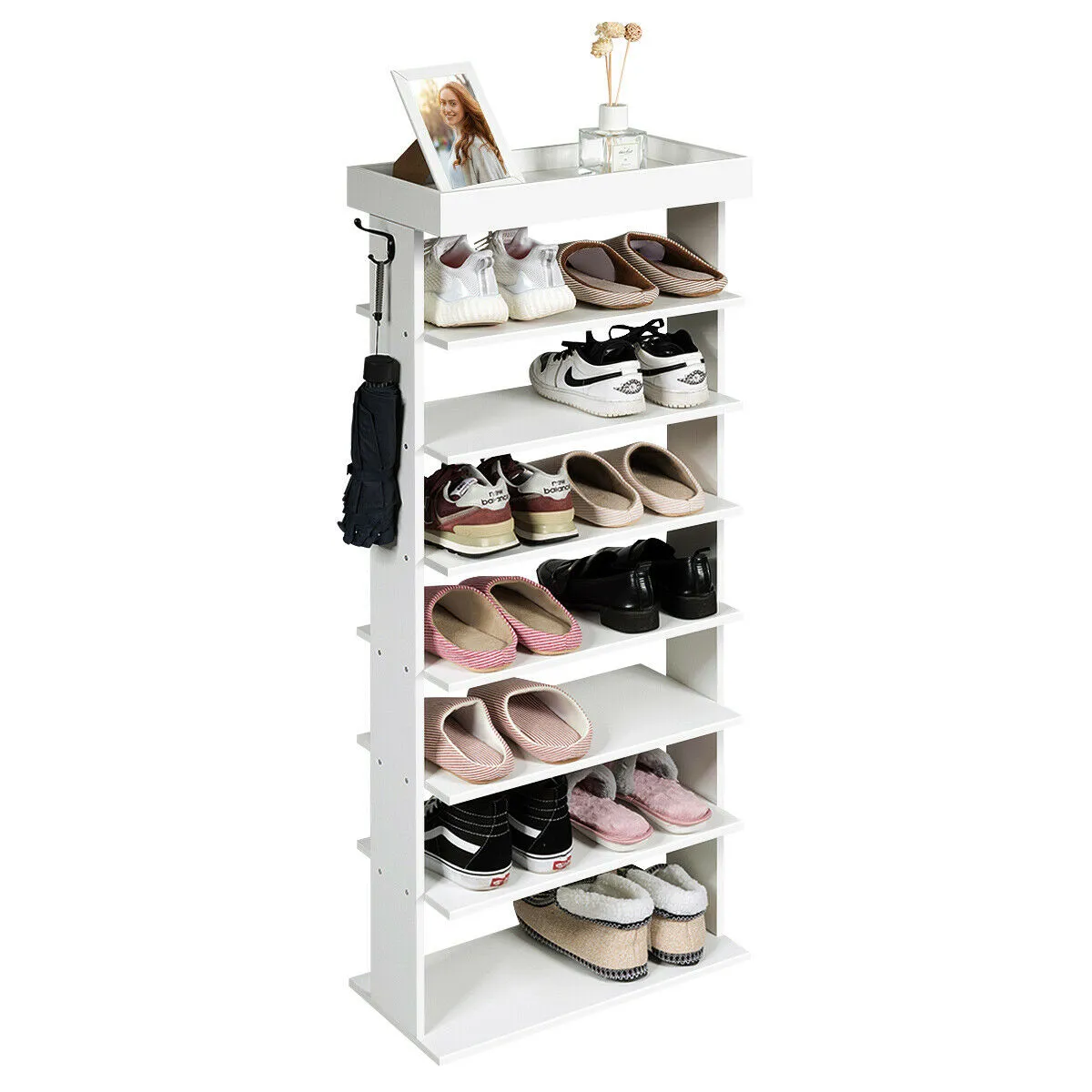 Vertical Designed 7-Tier Shoe Rack with Hooks-White