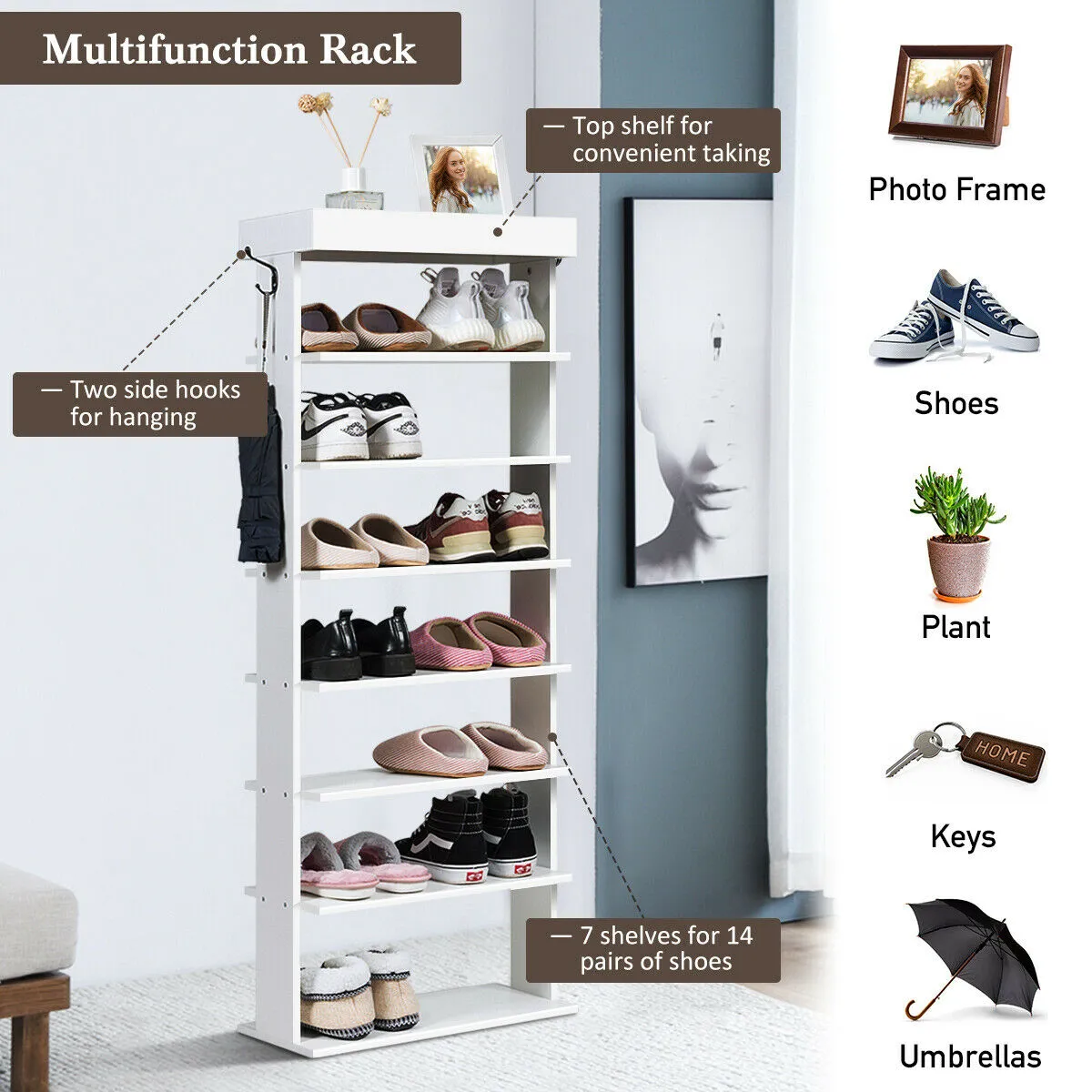 Vertical Designed 7-Tier Shoe Rack with Hooks-White