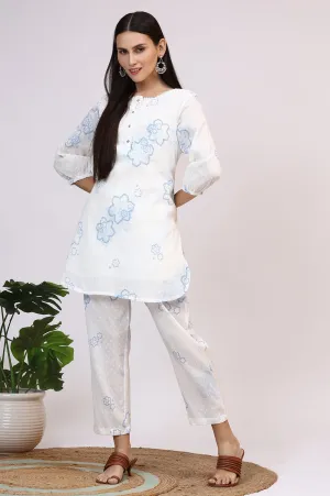 White Printed Pure Cotton Swiss Dot Straight Tunic and Straight Pants Co-ord Set