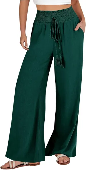 Wide Leg Linen Pants for Women Casual Summer Smocked High Waist Palazzo Pants Yoga Baggy Trousers with Pockets Beach