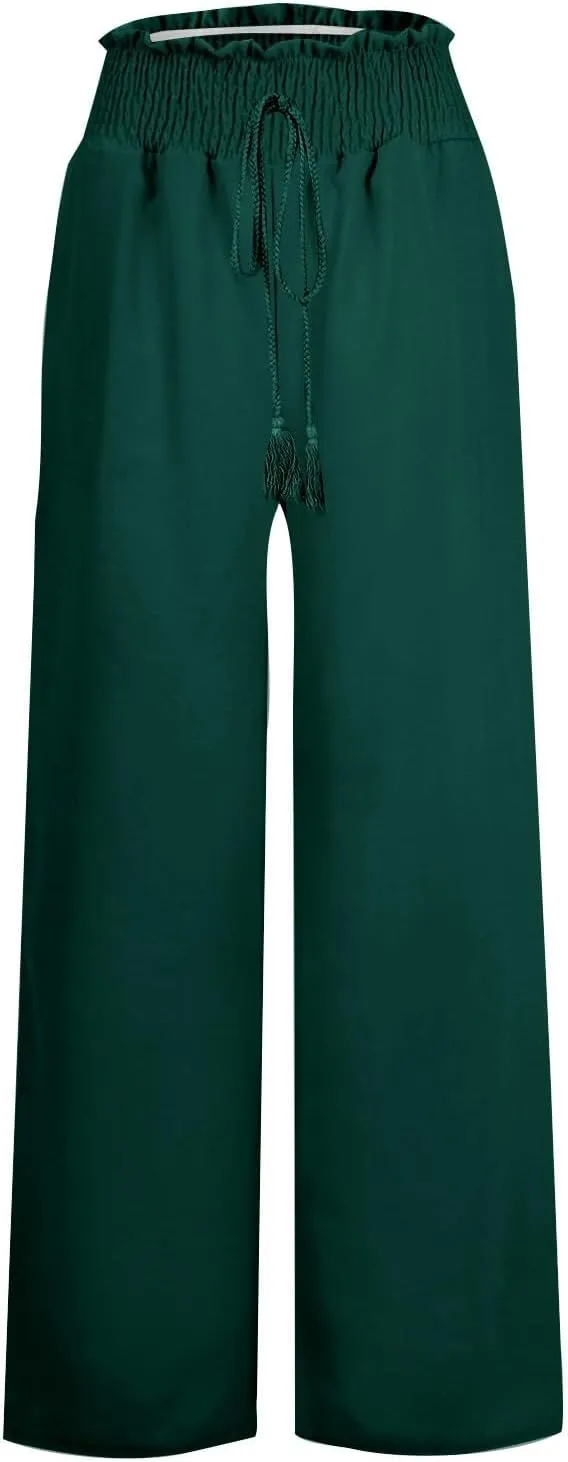 Wide Leg Linen Pants for Women Casual Summer Smocked High Waist Palazzo Pants Yoga Baggy Trousers with Pockets Beach