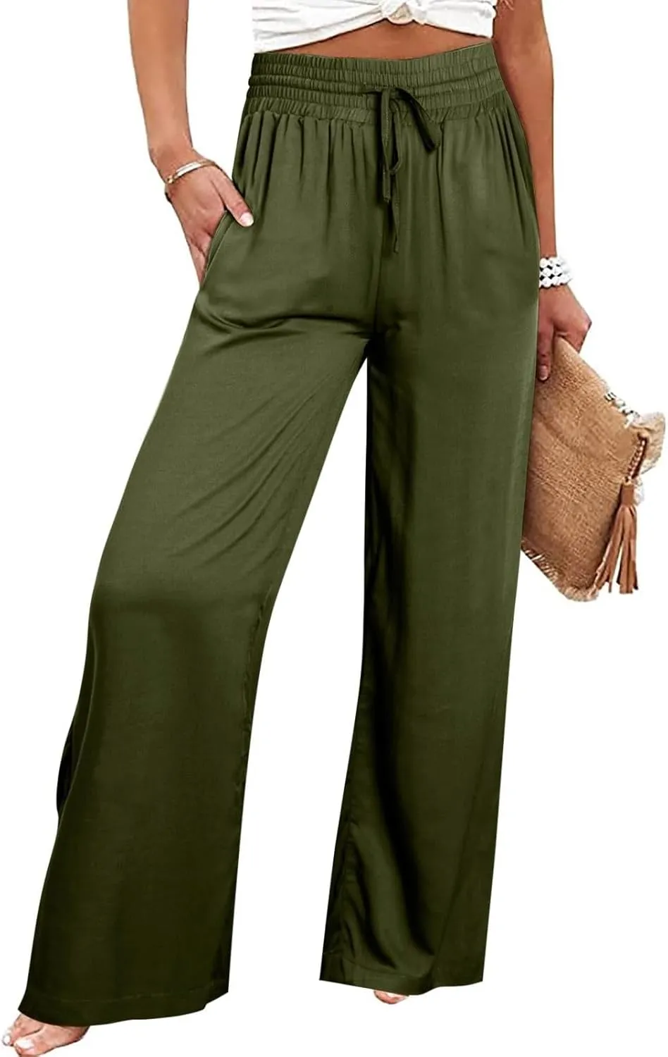 Wide Leg Lounge Pants for Women, Casual Boho Pants, High Waisted Palazzo Pants with Pockets for Work and Play