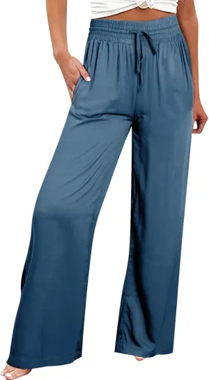 Wide Leg Lounge Pants for Women, Casual Boho Pants, High Waisted Palazzo Pants with Pockets for Work and Play