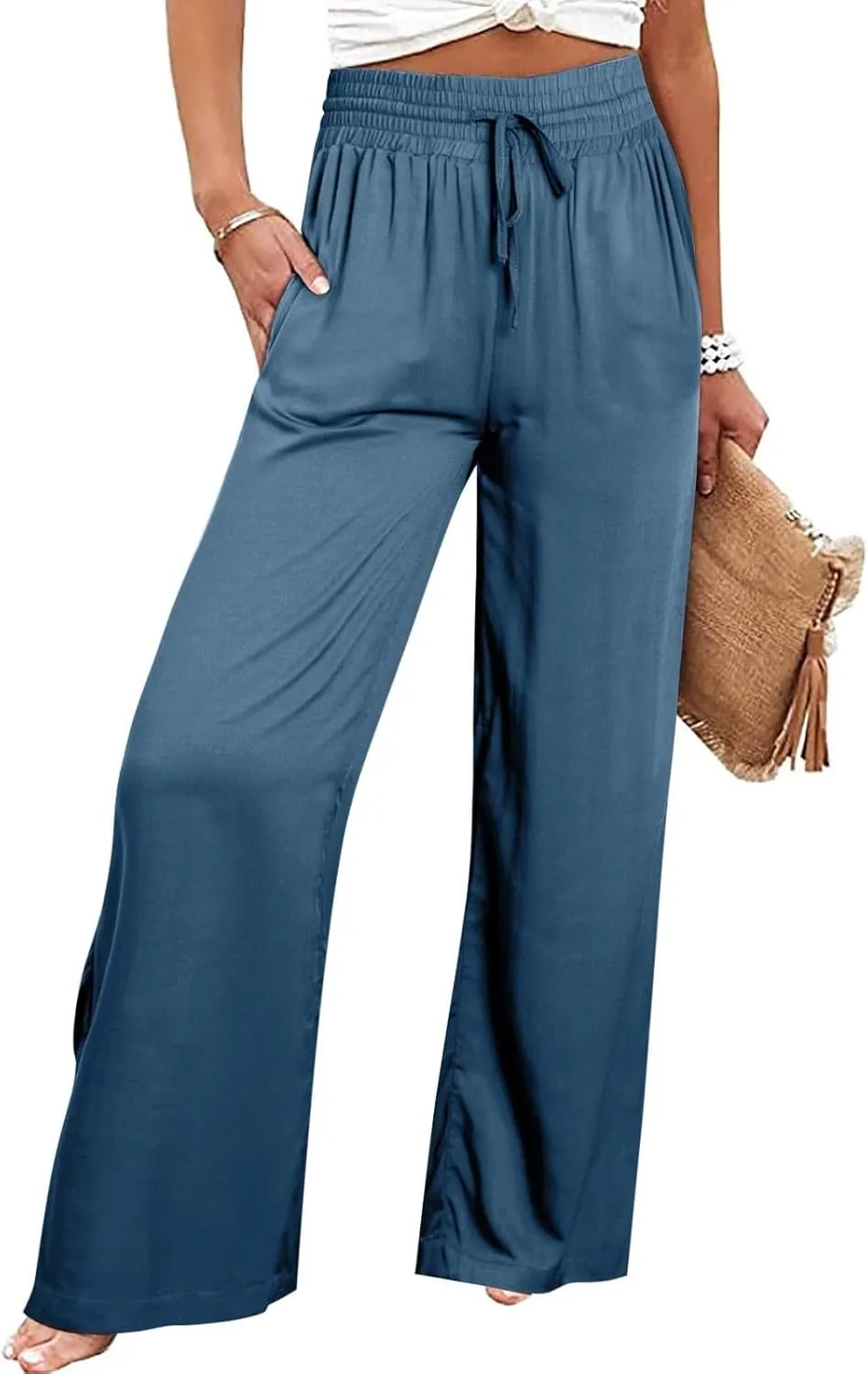 Wide Leg Lounge Pants for Women, Casual Boho Pants, High Waisted Palazzo Pants with Pockets for Work and Play