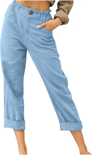 Women Cotton Linen Cropped Pants for Summer Pull on Elastic High Waisted Trouser Lightweight Dressy Outfit