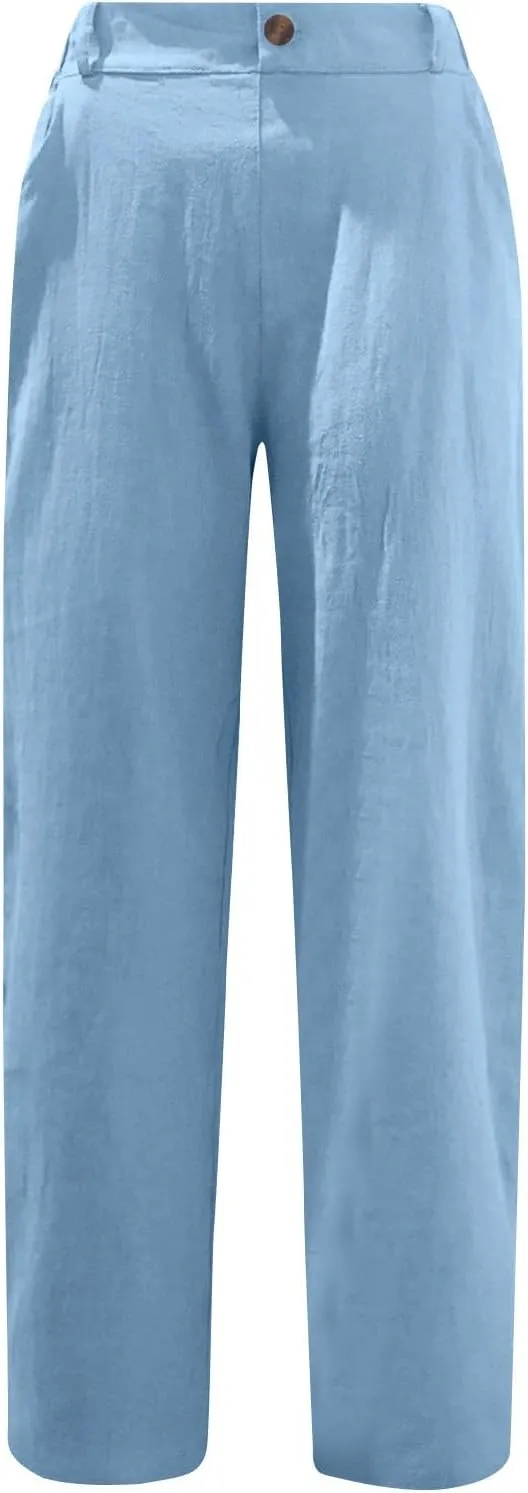Women Cotton Linen Cropped Pants for Summer Pull on Elastic High Waisted Trouser Lightweight Dressy Outfit