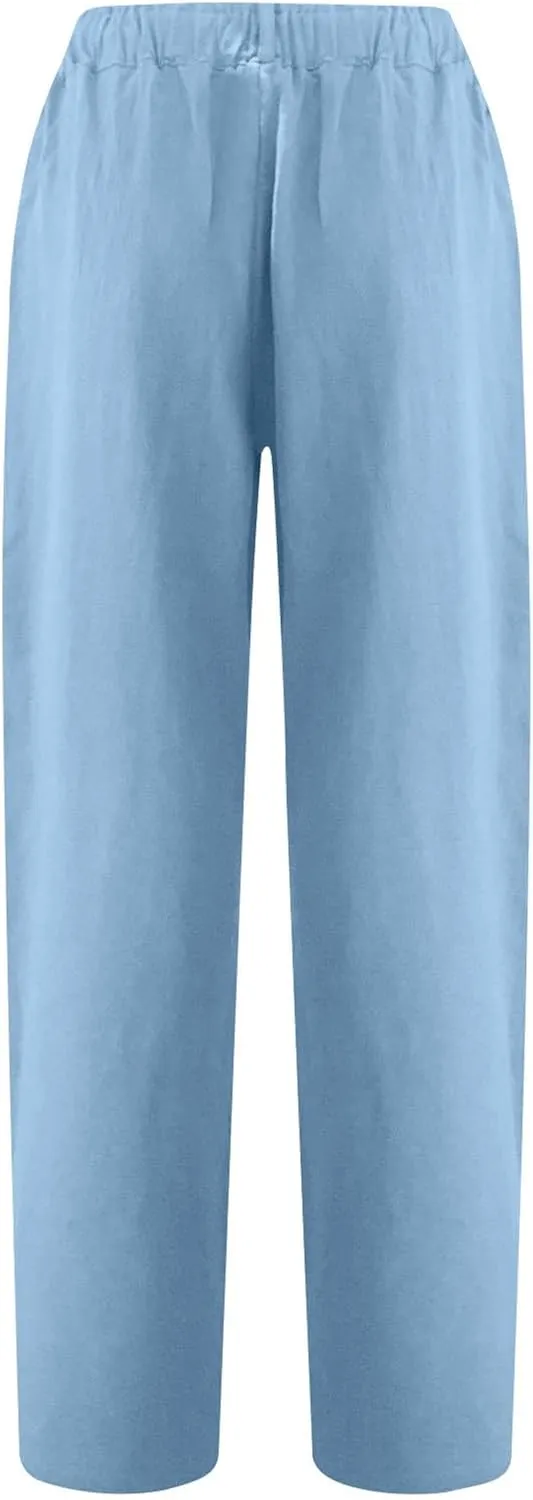 Women Cotton Linen Cropped Pants for Summer Pull on Elastic High Waisted Trouser Lightweight Dressy Outfit