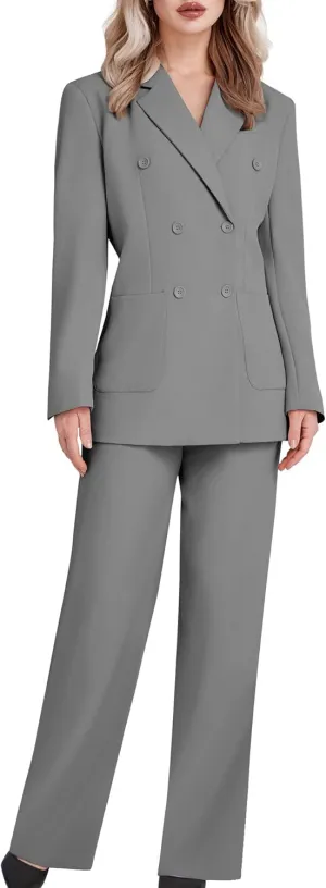 Women's 2 Piece Double Breasted Blazer and Wide Leg Pants Pocket Business Casual Office Suit
