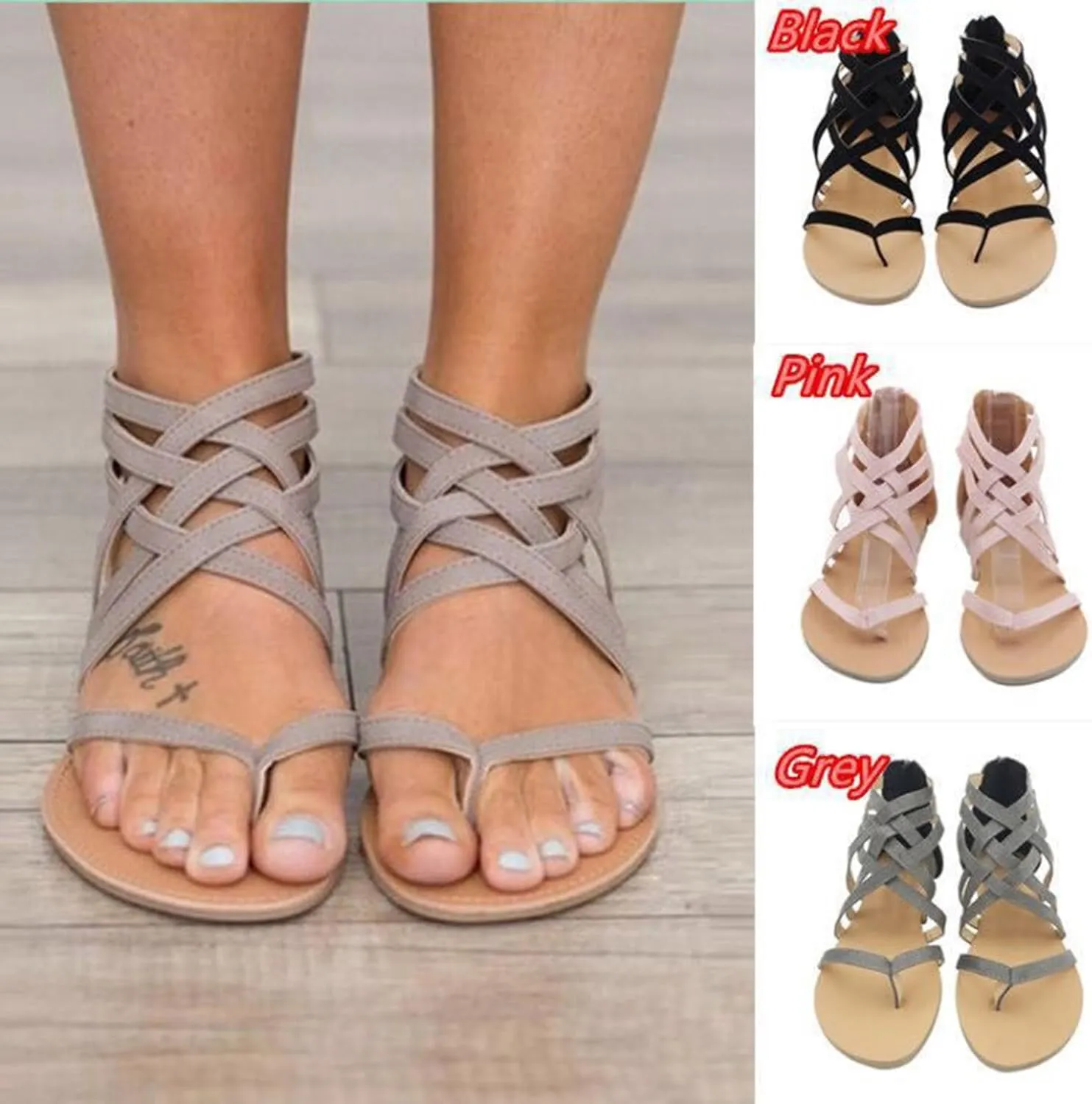 Women's Flat Sandals Gladiator Strap Flat Sandals Dressy Summer Breathable Clip Toe Thong Cross Strappy Shoes Back Zipper Roman Comfy Womens Sandals