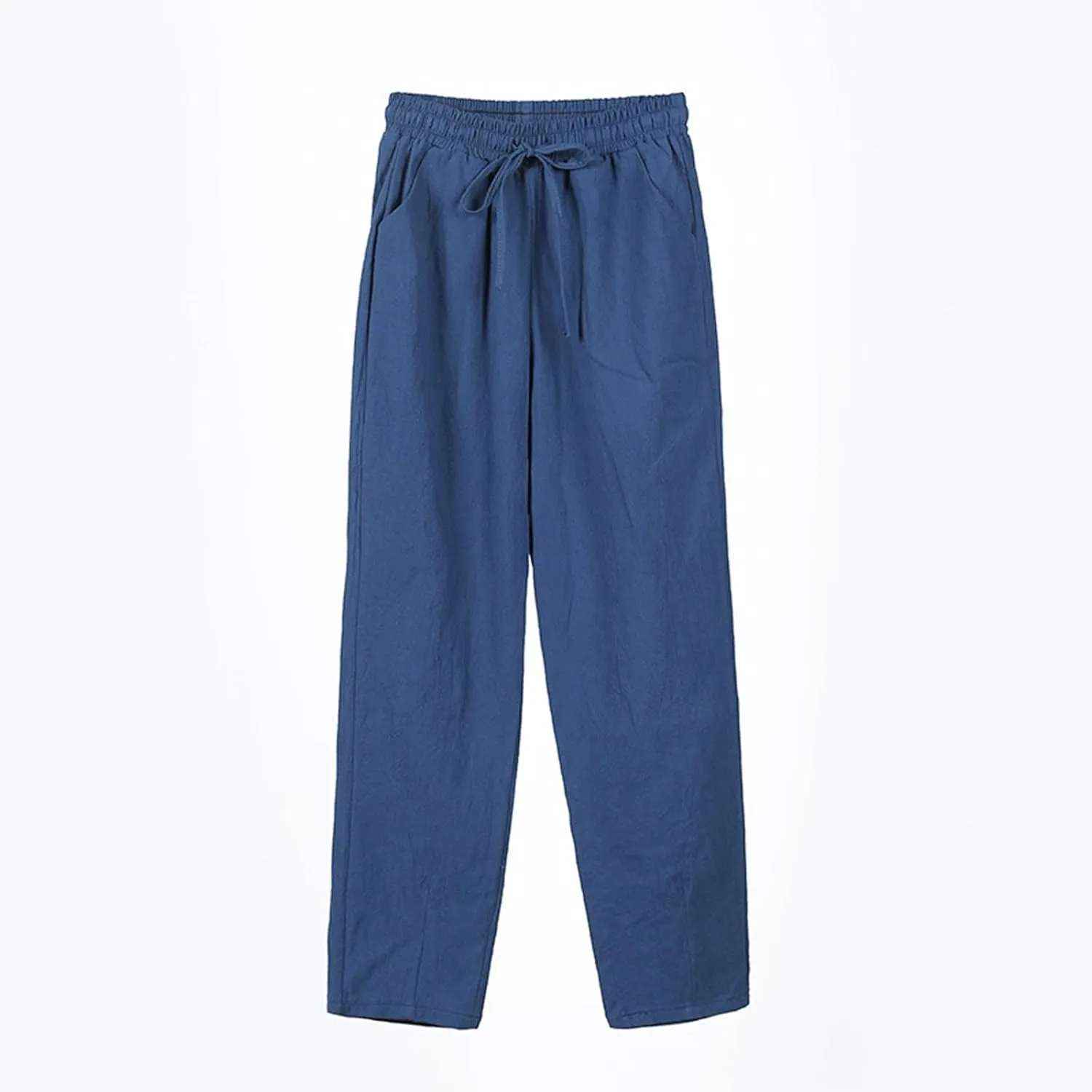 Womens Linen Pants Straight Leg Boho Palazzo Pants Casual Elastic Drawstring Waist Beach Lounge Pants with Pockets