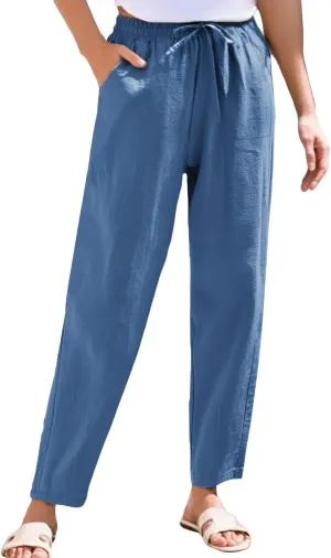 Womens Linen Pants Straight Leg Boho Palazzo Pants Casual Elastic Drawstring Waist Beach Lounge Pants with Pockets