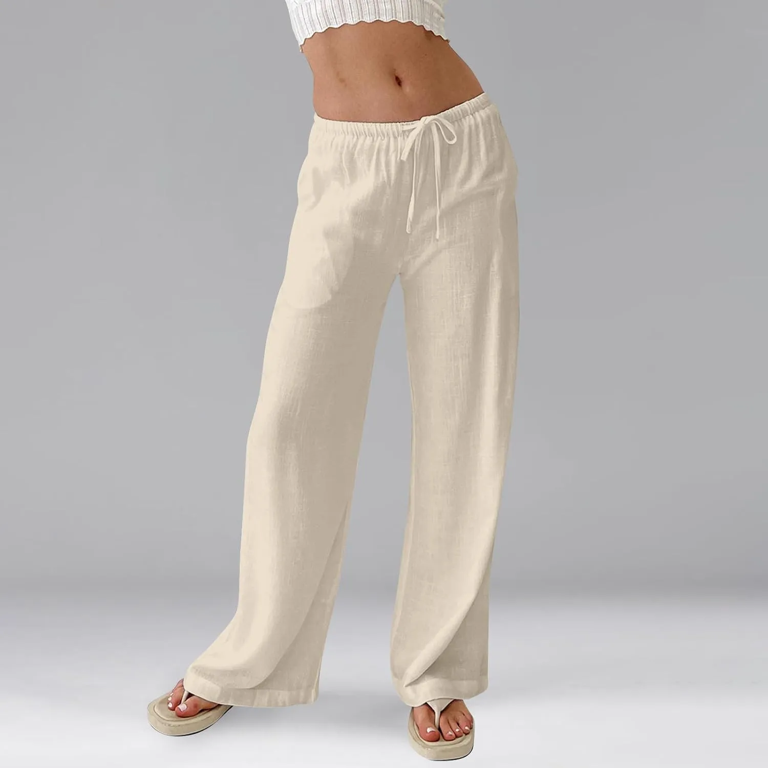 Womens Summer Casual Pant Cotton Linen Button 2025 Flowy Pants & Palazzo Straight High Rise Solid Baggy Clothes Pocket